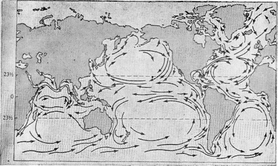 Рис. 2.3. Главные поверхностные течения Мирового океана.