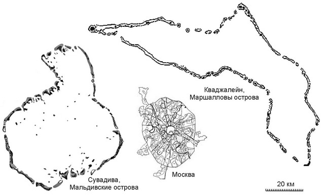 Рис. 3.62. Относительные размеры атоллов.