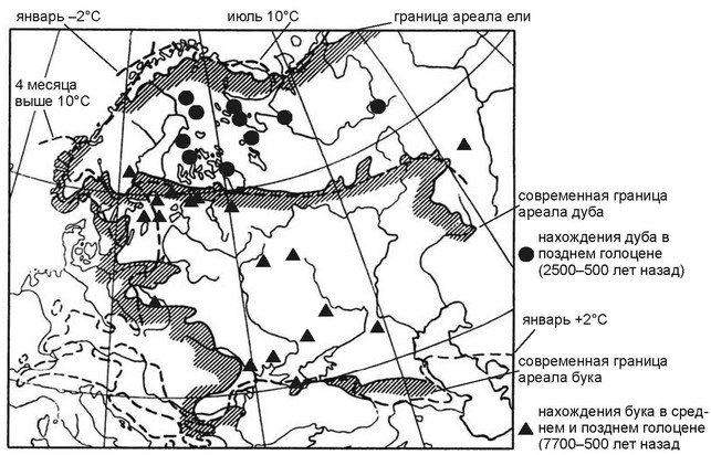 Рис. 5.7. Северные границы ареалов ели Picea abies и дуба Quercus robur