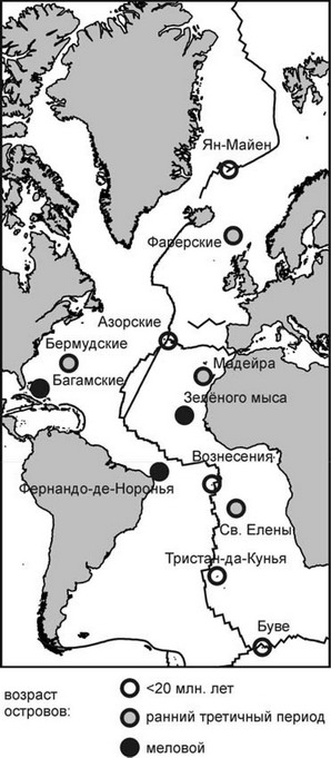 Рис. 1.23. Возраст островов Атлантического океана.