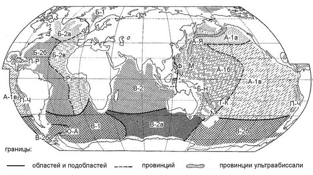 Рис. 6.14. Районирование абиссали и ультраабиссали Мирового окена Н.Г.