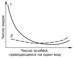 в сообществе и числом особей, приходящихся на один вид (по Ю. Одуму, 1975): 1,