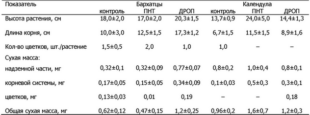 Таблица 2. Последействие низкотемпературных обработок на биометрические показатели